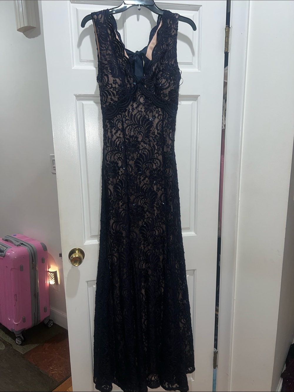 Navy blue Lace Maxi Dress with Nude Slip — Timeless Evening Style